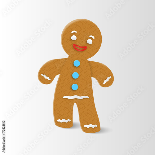Gingerbread man Christmas cookie character with realistic shadow. Vector illustration.