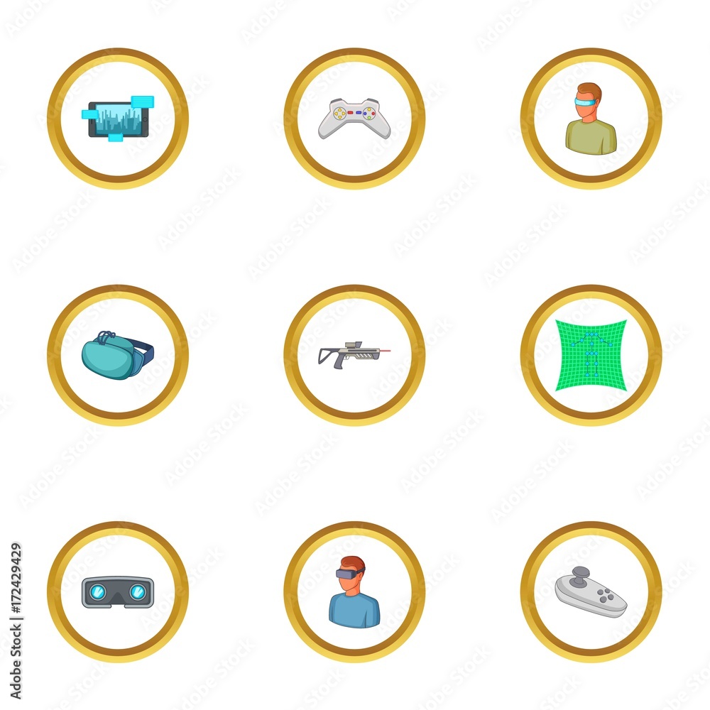 VR icons set, cartoon style VR icons set, cartoon style