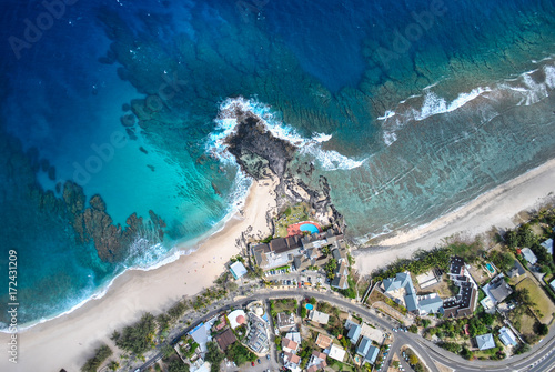 Old effect picture, aerial view on coast, Reunion Island, France