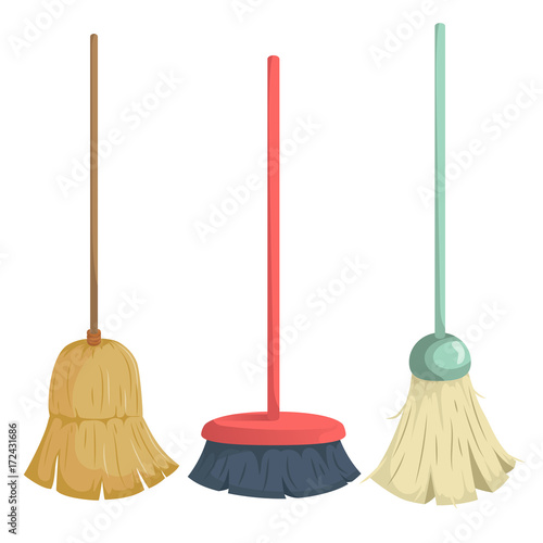 Cartoon trendy broom icons set. Vintage natural and modern plastic brooms. Hygiene and home cleaning vector illustration.