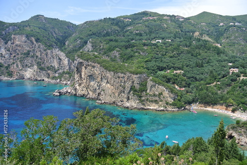 View of Paleokastritsa and turquoise water, Corfou island, Greece 