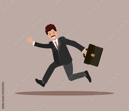 A businessman with a briefcase in his hand is late for work.