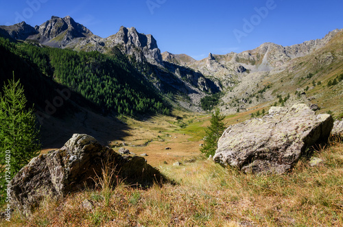 Mountain path in the park of Mercantour (France) to che Col du Fer and Lakes of Vens photo