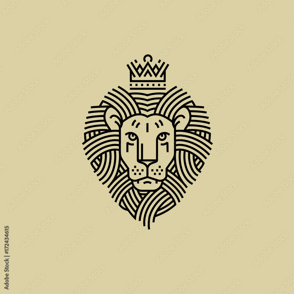 Naklejka premium Royal Lion in the style of engraving line design for a premium logo or coat of arms. The lion with the crown symbolizes power and strength.