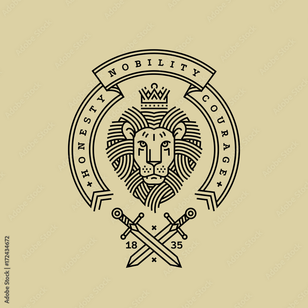 Obraz premium Godło, naszywka z głową lwa królewskiego, wstążka, motto i miecze w stylu graweru o linearnym wzorze na logo premium lub herb. Lew z koroną symbol władzy, siły, bezpieczeństwa.
