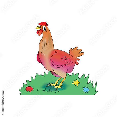 Cartoon hen pecks corn on a meadow