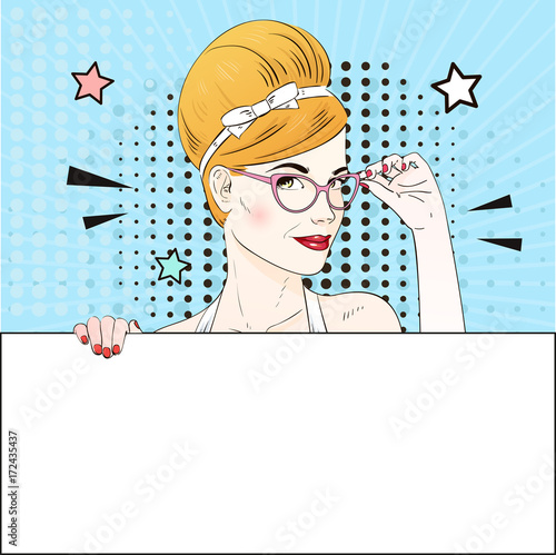 Comic Pop art blonde hair woman face holds her glasses an white banner. Vector illustration.