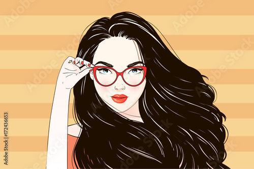 Pop Art Vintage advertising poster comic girl holds her glasses and look at you vector illustration