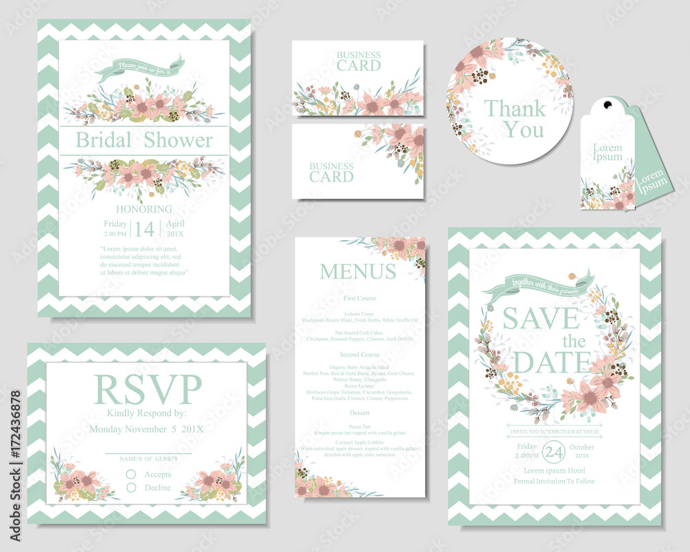 Set of wedding invitation card .Mint and pink color. spring concept. Set of wedding invitation card .Mint and pink color. spring concept.