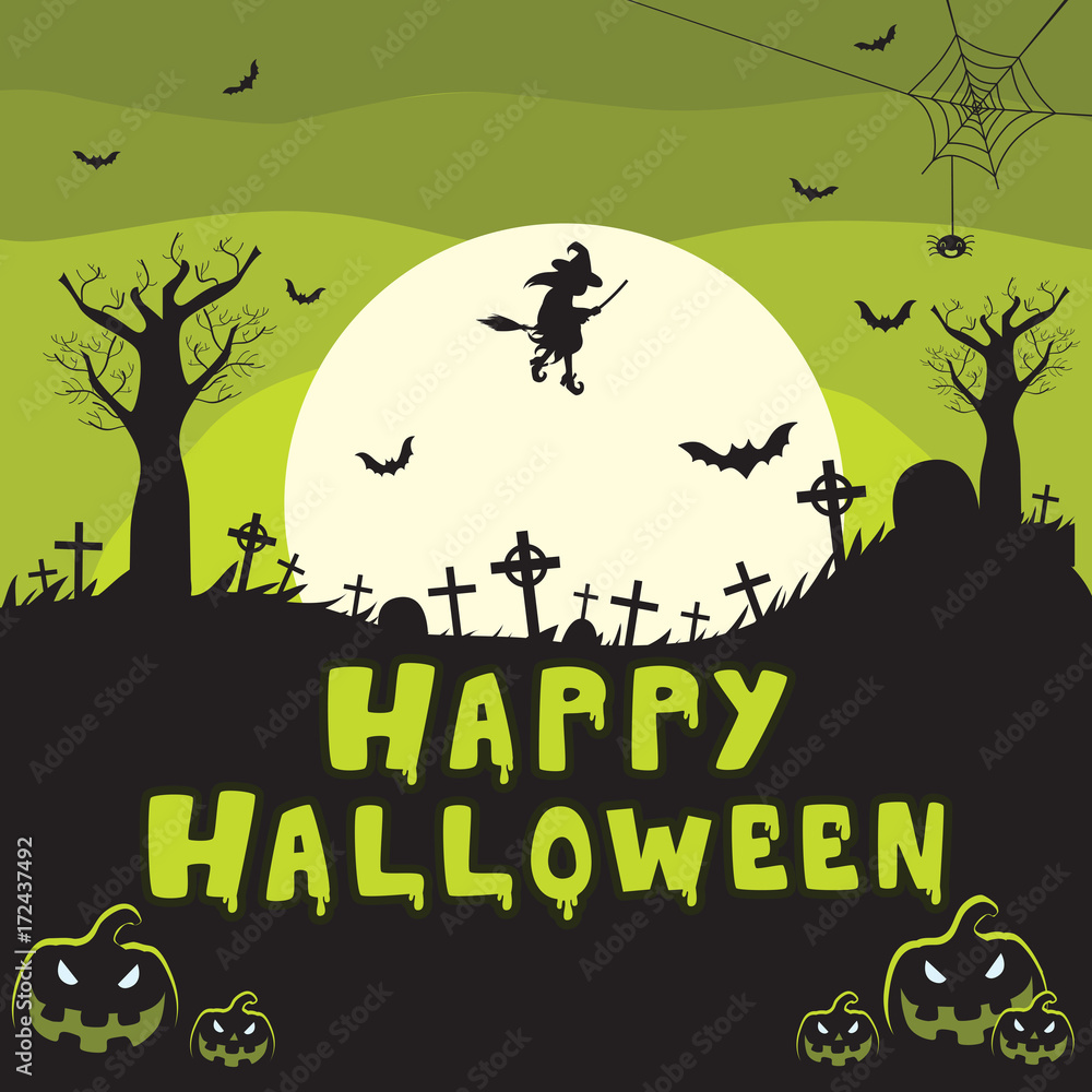 Cemetery background with green Happy Halloween text