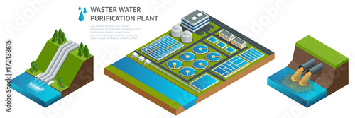 Vector isometric storage tanks in sewage water treatment plant. Dirty waste water. Discharge of liquid chemical waste. The danger for the environment.