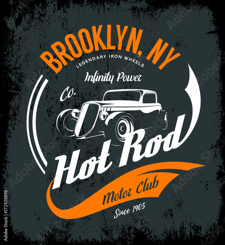 Vintage hot rod vector logo concept isolated on dark background.