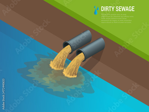 Dirty water stems from the pipe polluting the river Discharge of liquid chemical waste. The danger for the environment. Flat 3d isometric illustration. For infographics and design