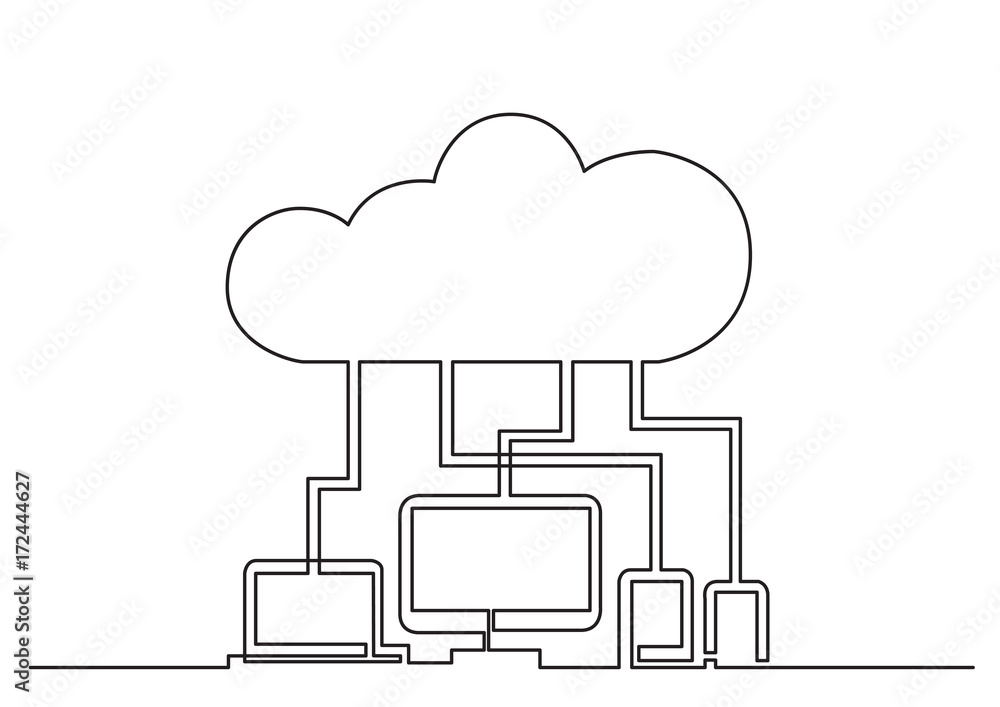 one line drawing of isolated vector object - digital devices connected via cloud one line drawing of isolated vector object - digital devices connected via cloud