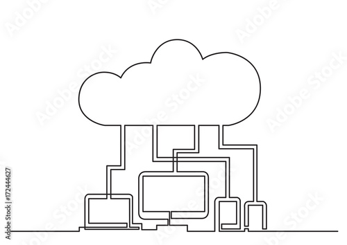 one line drawing of isolated vector object - digital devices connected via cloud