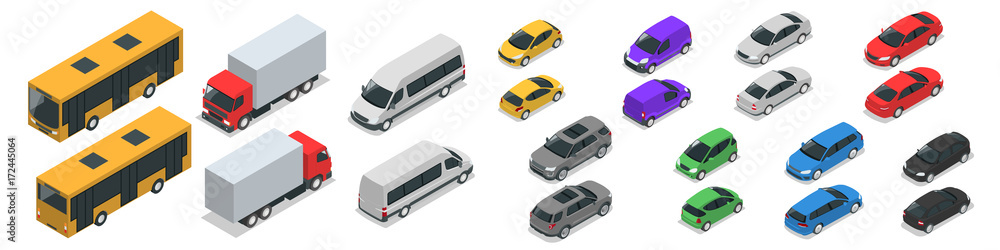 Naklejka premium Zestaw ikon samochodu miejskiego transportu płaskie izometryczny wysokiej jakości. Samochód, samochód dostawczy, samochód ciężarowy, samochód terenowy, rower, mini, samochód sportowy. Zestaw transportowy. Zestaw miejskiego transportu publicznego i towarow