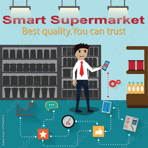 Business concept,businessman with smartphone in his shop,branch management – Vector