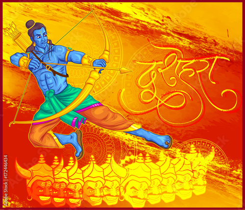 illustration of Lord Rama with bow arrow killing Ravan in Dussehra Navratri festival of India poster