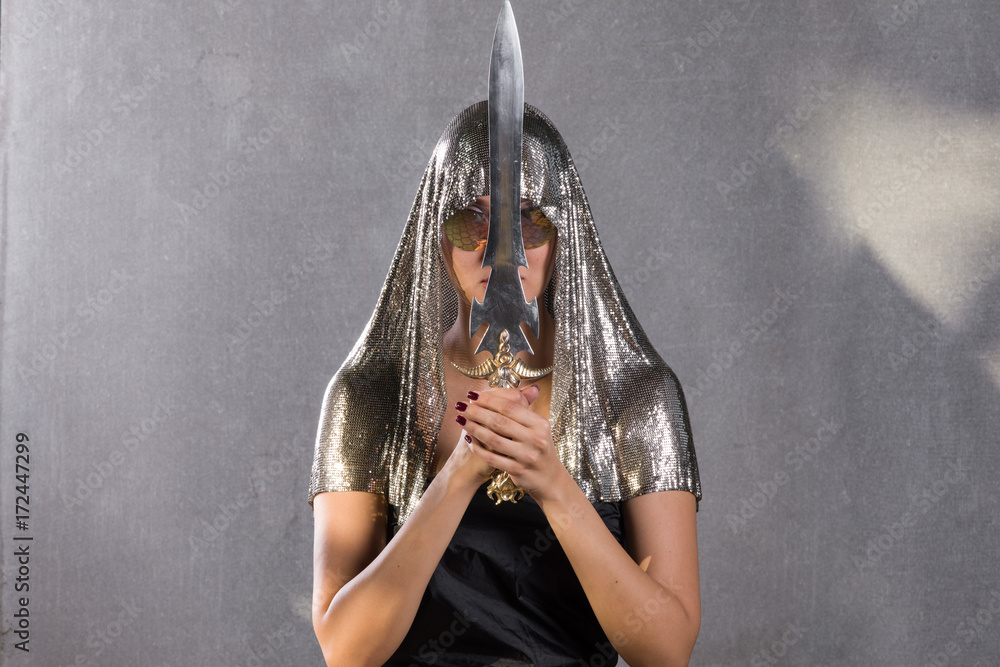Εκτύπωση καμβά young woman in chain mail and with swords