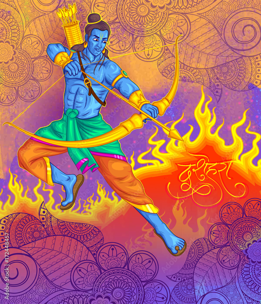 illustration of Lord Rama with bow arrow killing Ravan in Dussehra Navratri festival of India poster - obrazy, fototapety, plakaty 