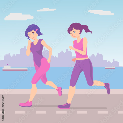Girls are running on the coast. Girls have fun to do sports, they maintain their physical form in excellent condition.