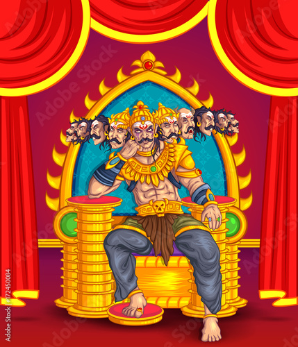illustration of Lord Rama with bow arrow killing Ravan in Dussehra Navratri festival of India poster