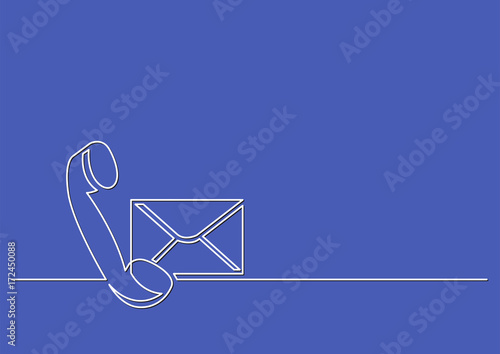 one line drawing of isolated vector object - phone receiver and mail envelope