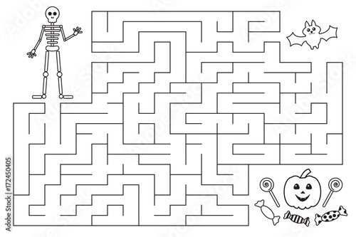 Halloween funny maze for preschool and school kids. Skeleton and bat are looking for candies. Coloring page. Vector illustration.