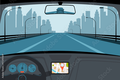 Сar on the road, a view from salon.
