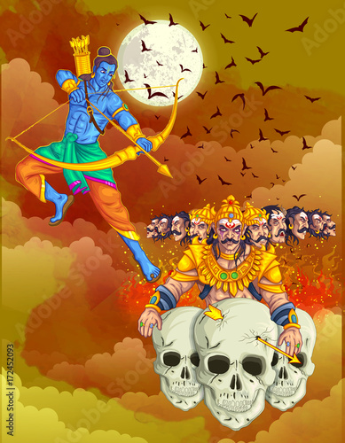 illustration of Lord Rama with bow arrow killing Ravan in Dussehra Navratri festival of India poster
