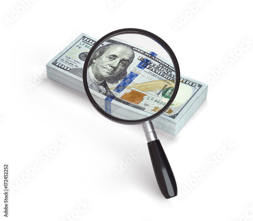 Hundred dollar bill banknote and magnifying glass isolated on.