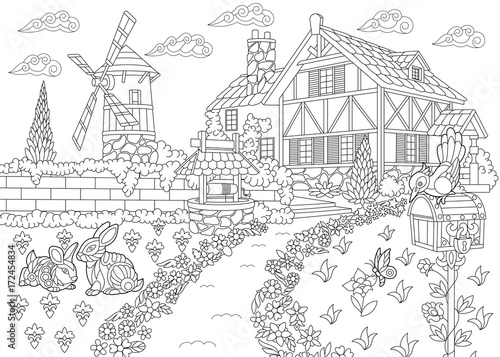 Coloring page of rural landscape. Farm house, windmill, water well, mail box, rabbits and woodpecker bird. Freehand sketch drawing for adult antistress coloring book in zentangle style.