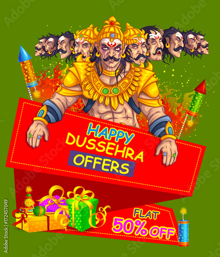 illustration of Lord Rama with bow arrow killing Ravan in Dussehra Navratri festival of India poster