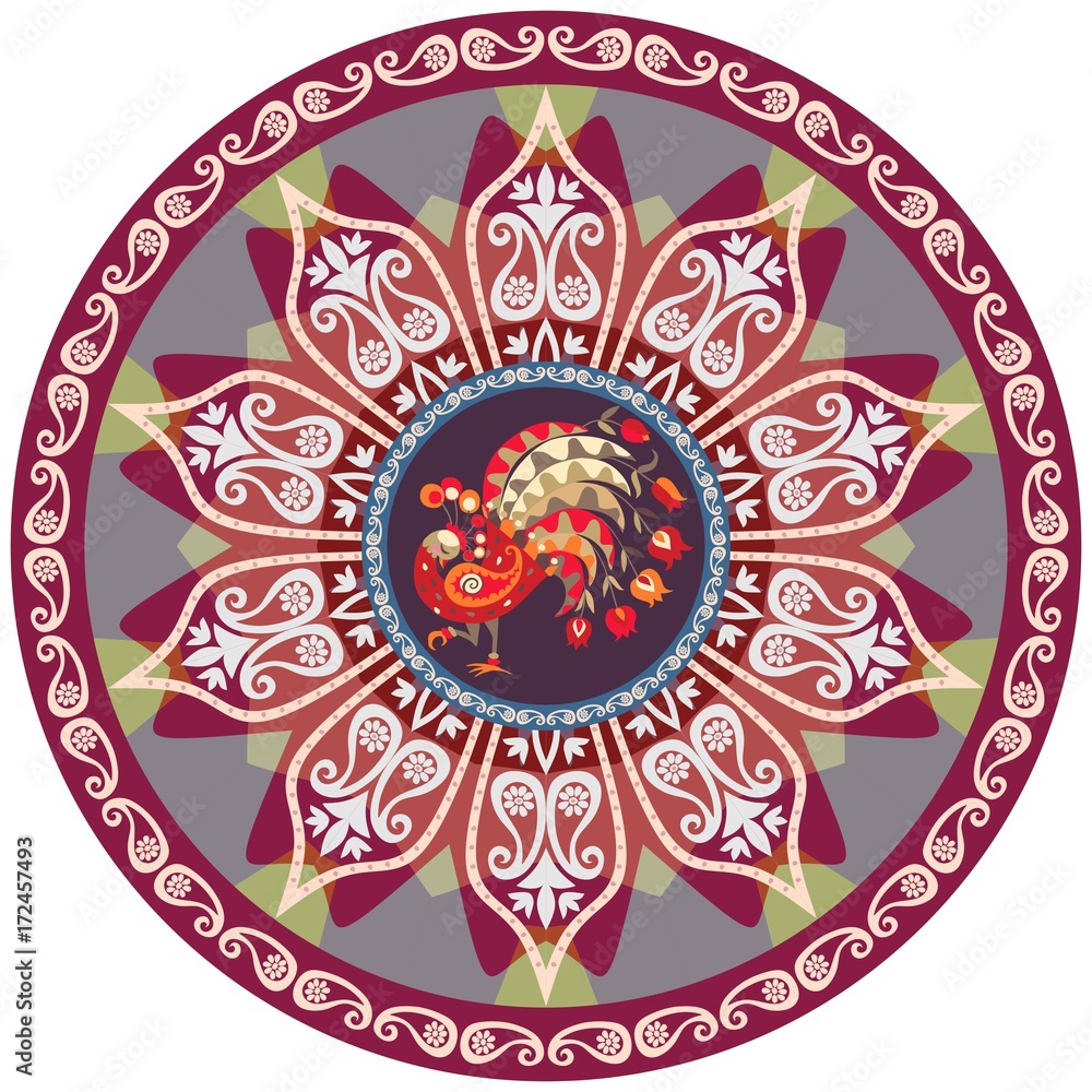 Round ottoman pattern with peacock and flower mandala. Ethnic design. Indian, persian, turkish motives.