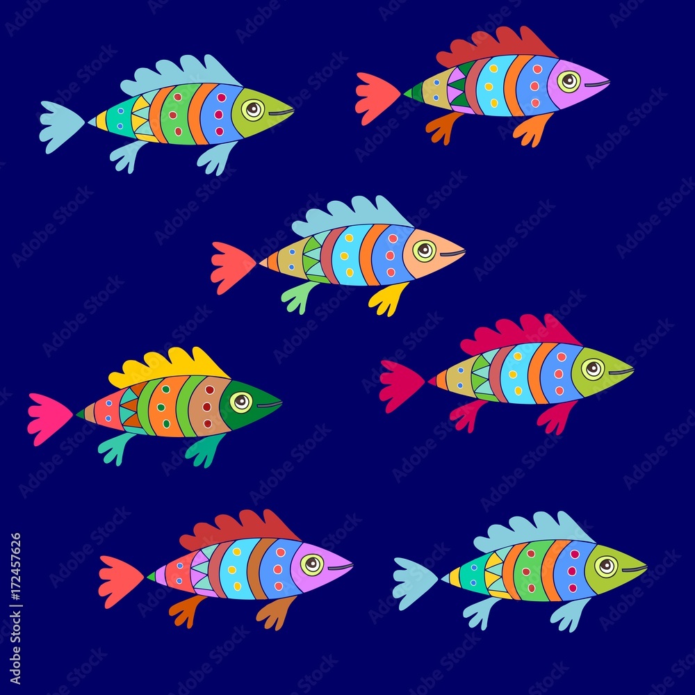 Colorful cartoon fishes pattern in vector.  Funny underwater animals.