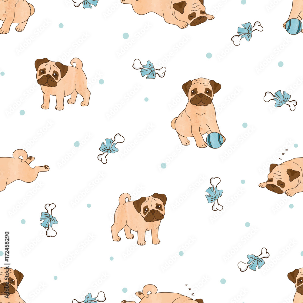 Seamless cute pugs pattern. Vector background with cartoon dogs. Stock ...