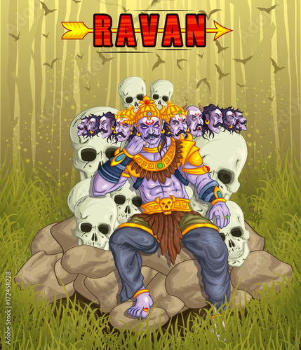 illustration of Lord Rama with bow arrow killing Ravan in Dussehra Navratri festival of India poster