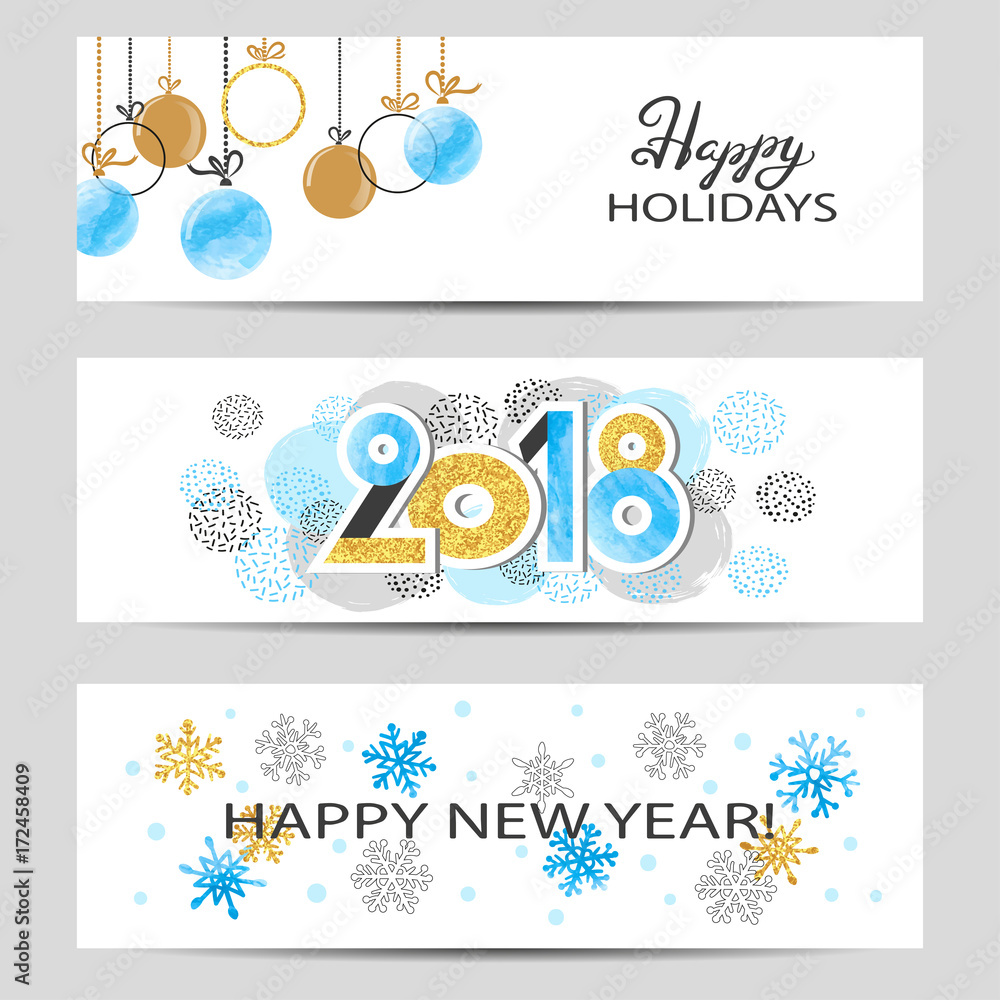 Happy New Year 2018 greeting banners set in blue, golden and black colors. Vector illustration.