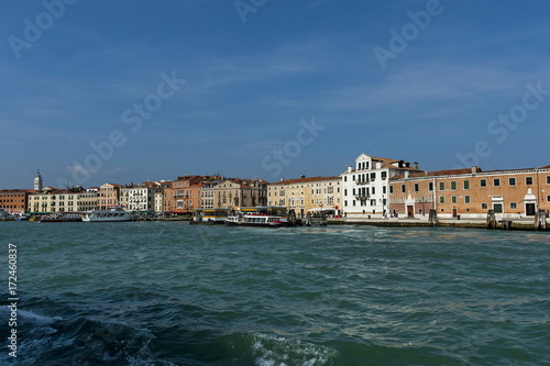 View from the sea at the residential district of waterside with port in Venezia, Venice, Italy, Europe