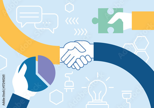 Vector flat linear illustration related of team work, cooperation, collaboration and interaction