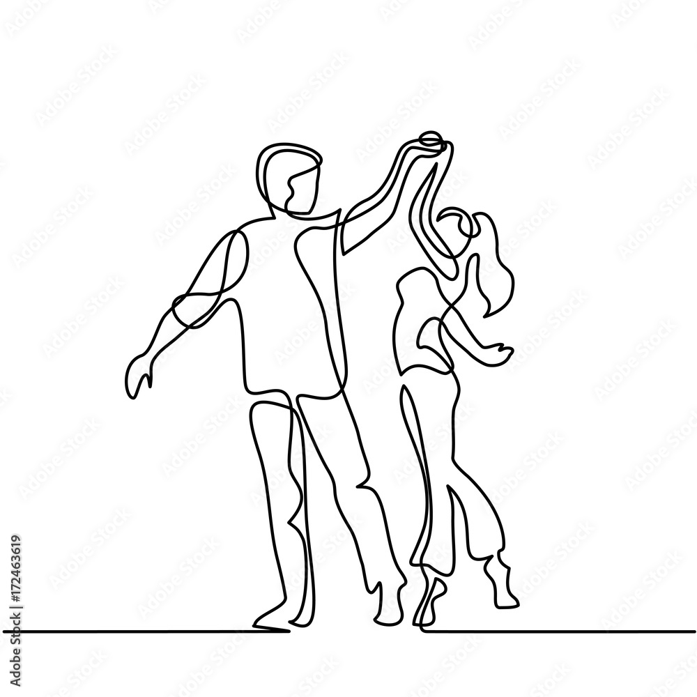 Fototapeta premium Continuous line drawing. Happy loving couple dancing. Vector illustration