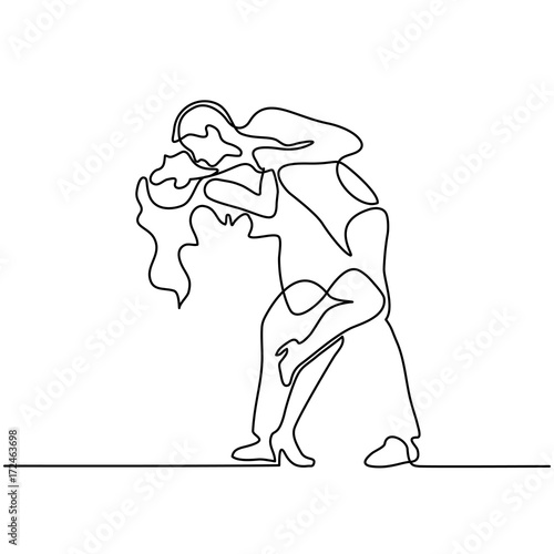 Continuous line drawing. Happy loving couple dancing. Vector illustration