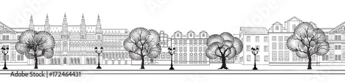 Photography City street view. Cityscape seamless skyline. Buildings, trees,