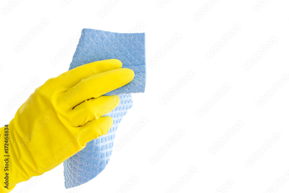 Cleaner's hand in the rubber protective glove holding a rag isolated on the white background. Cleaning product. Early spring cleaning or regular clean up. Cleaner's hand in the rubber protective glove holding a rag isolated on the white background. Cleaning product. Early spring cleaning or regular clean up.