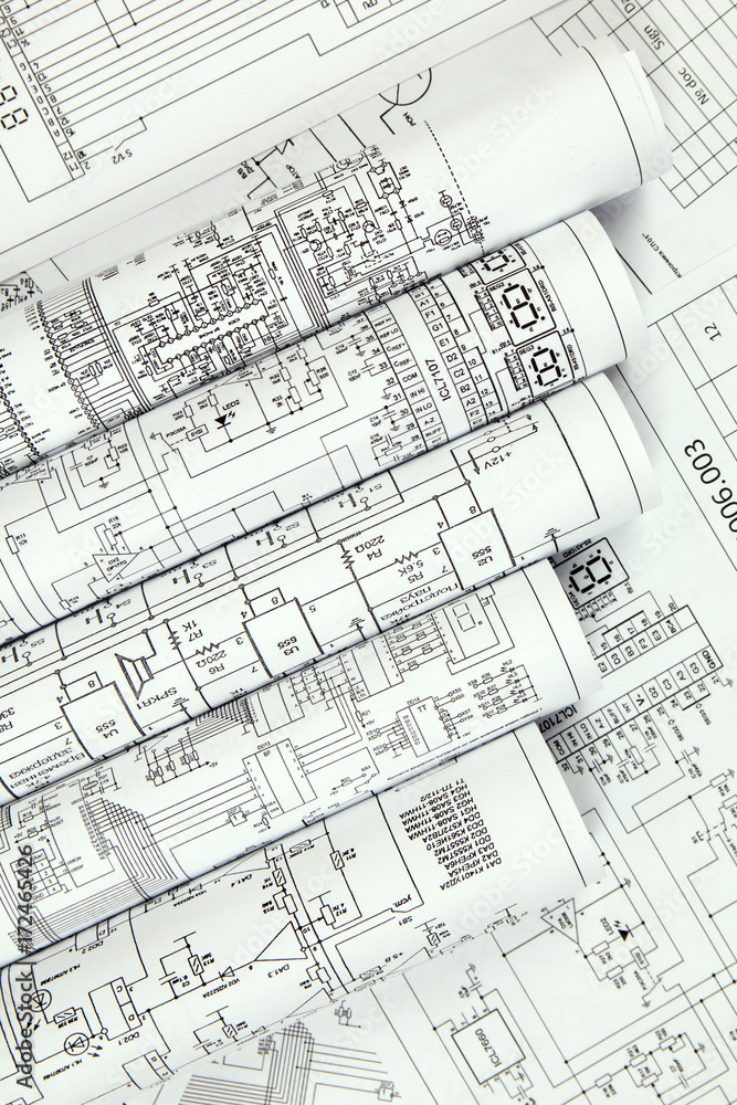 Fototapeta premium Electronics and Engineering. Printed drawings of electrical circuits