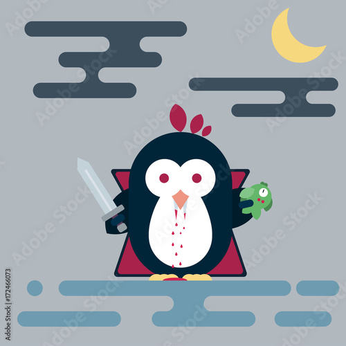 Flat penguin character stylized as vampire with sword and with dead fish. Modern flat illustration.