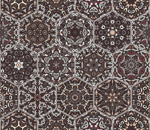 A rich set of hexagonal ceramic tiles. Eastern colored carpet. Colorful elements in oriental style. Vector illustration.