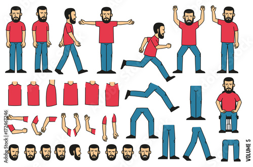 Bearded man constructor. Set of several poses and separate body parts in different positions. Faces with emotions.