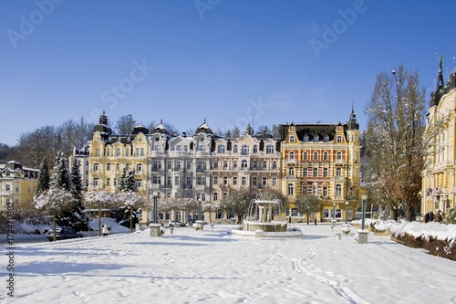 Spa architecture in winter with snow - Marianske Lazne (Marienbad) - great famous Bohemian spa town in the west part of the Czech Republic (region Karlovy Vary), Europe
