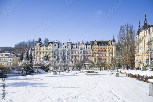 Spa architecture in winter with snow - Marianske Lazne (Marienbad) - great famous Bohemian spa town in the west part of the Czech Republic (region Karlovy Vary)